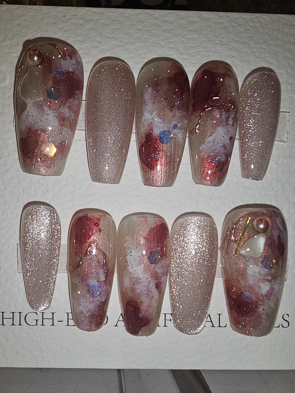 Press-On Nail Set – Rose Gold & Blush Marble Design